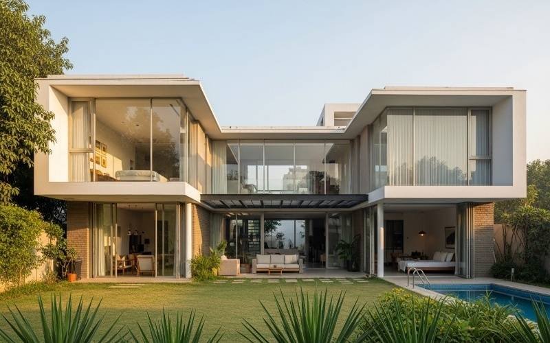Contemporary luxury home with glass walls, open layout, and swimming pool showcasing the Best House Architecture Styles in Lahore Pakistan