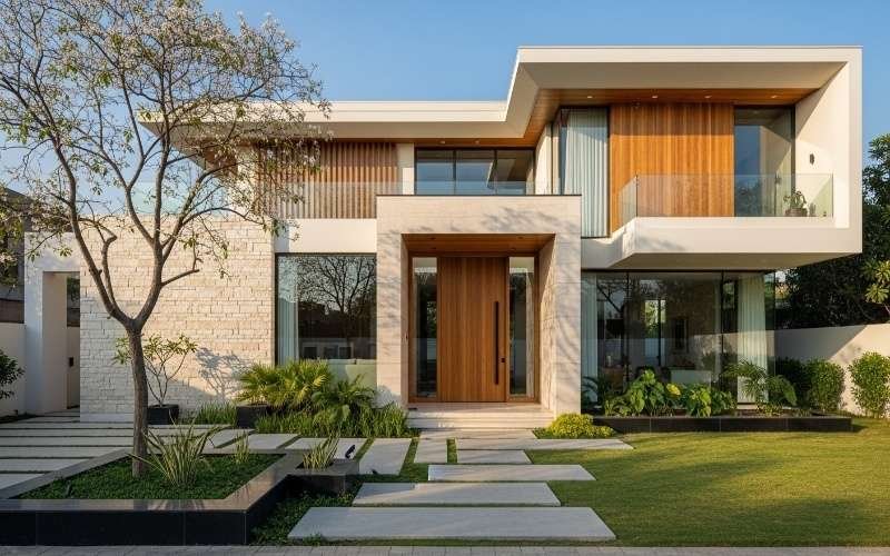 Modern luxury home exterior showing clean lines, large glass windows, natural stone, and wood panels representing the Best House Architecture Styles in Lahore Pakistan