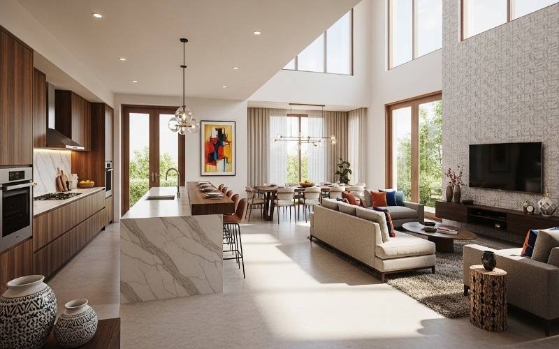 Spacious open-plan interior with modern kitchen, dining, and living area showcasing Top Residential Architecture Trends in Lahore