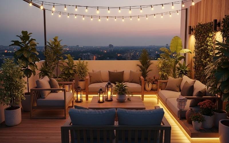 Rooftop terrace with wooden seating, plants, warm lighting, and city view representing Modern House Architecture in Lahore for Trendy Homes.