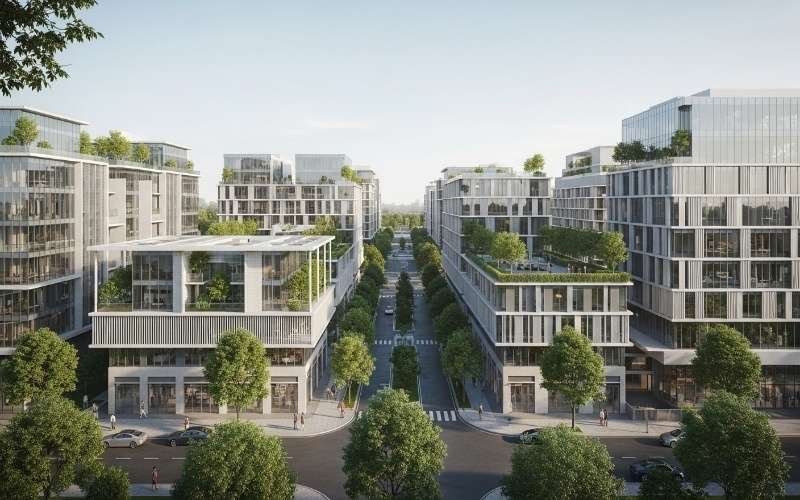 Modern mixed-use buildings with glass façades, rooftop gardens, and tree-lined streets reflecting Current Architecture Trends in Lahore for Modern Buildings.