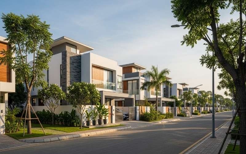 Modern residential street view showing stylish contemporary houses that reflect New Future Architecture Trends in Lahore for Modern Buildings with clean lines, glass balconies, and landscaped surroundings.