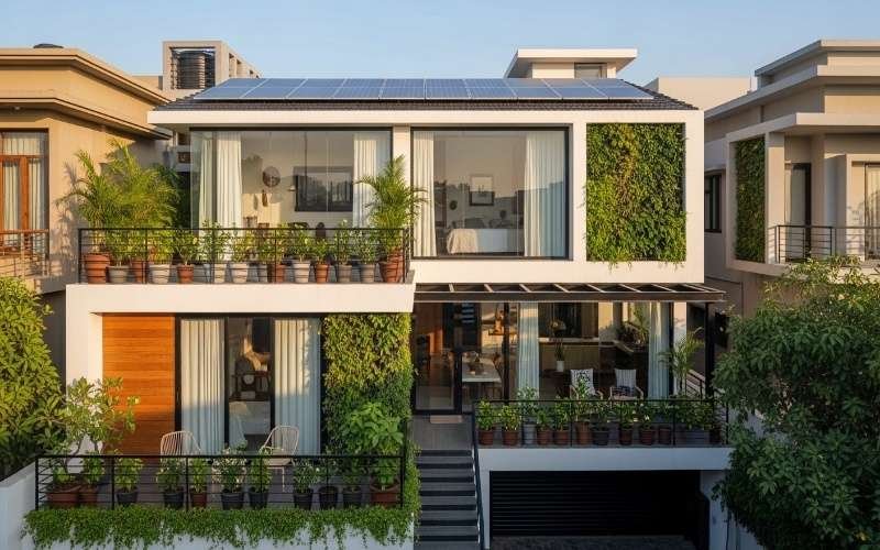 Modern eco-friendly house with solar panels and vertical garden showcasing Top Residential Architecture Trends in Lahore