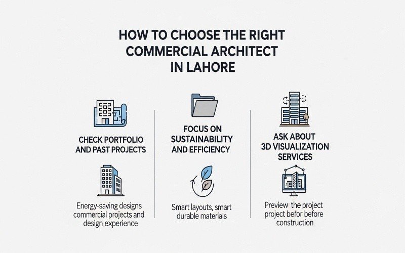 Infographic explaining how to choose the right architect for Top Commercial Building Design in Lahore for Modern Spaces, highlighting portfolio review, sustainability, and 3D visualization services.