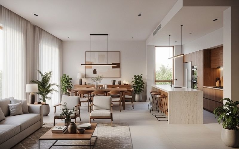 Modern open-plan living and dining area with minimalist furniture, natural lighting, indoor plants, and a sleek kitchen layout showcasing Discover Contemporary Architecture in Lahore for Trendy Houses.