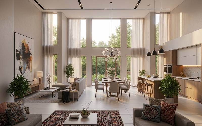 Modern House Architecture in Lahore for Trendy Homes featuring a bright open-plan living room with large windows, modern furniture, and a stylish dining area.