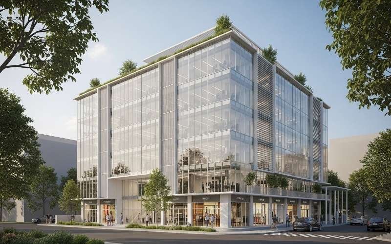 Top Commercial Building Design in Lahore for Modern Spaces featuring a contemporary glass façade, multi-story structure, and street-level retail areas with greenery and natural light.