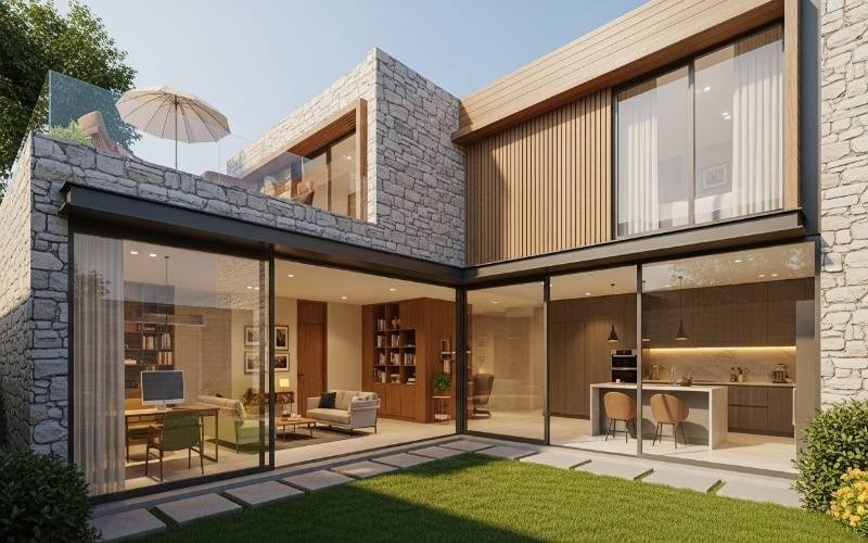 Modern two-story house with large glass windows, natural stone exterior, rooftop terrace, and indoor-outdoor living space reflecting Discover Contemporary Architecture in Lahore for Trendy Houses.