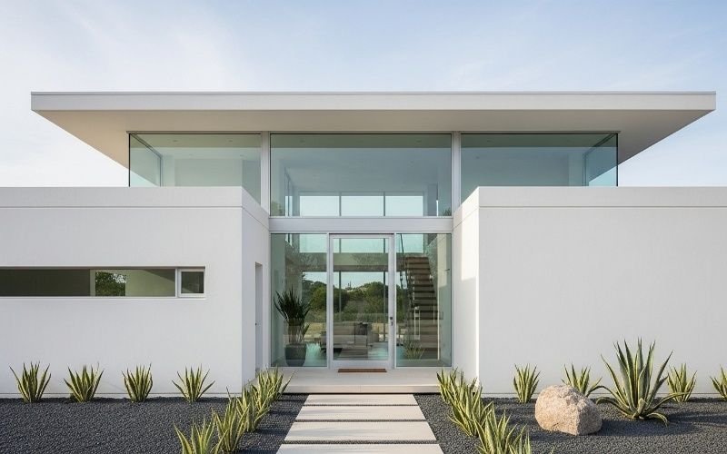 Modern white minimalist house with large glass entrance showing Current Architecture Trends in Lahore for Modern Buildings