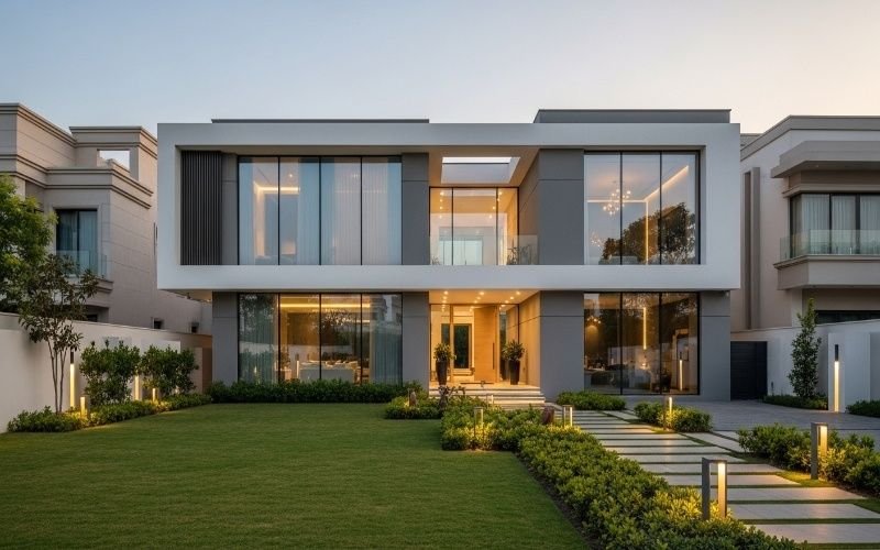 Modern House Architecture in Lahore for Trendy Homes with a sleek minimalist facade, large glass windows, and a landscaped front garden.