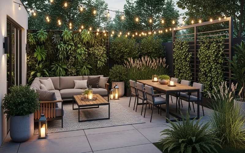 Modern outdoor patio design showcasing cozy seating, dining area, vertical greenery, and warm string lighting, reflecting Top Landscape Architecture Trends for Outdoor Spaces.