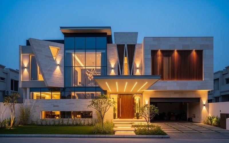 Modern House Architecture in Lahore for Trendy Homes with a luxury contemporary facade, geometric design, and warm exterior lighting.