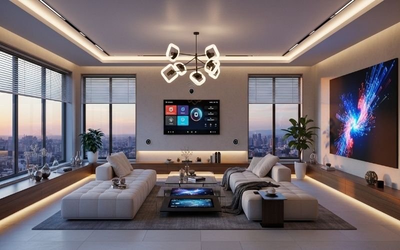 Modern smart living room interior showing minimalist design and technology integration representing New Future Architecture Trends in Lahore for Modern Buildings.