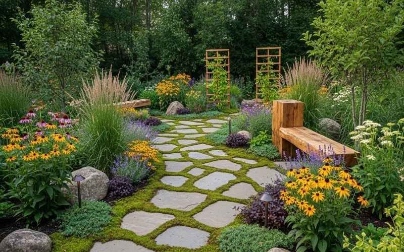 Top Landscape Architecture Trends for Outdoor Spaces: lush garden pathway with irregular stone pavers, wooden benches, colorful flowers, ornamental grasses, and greenery creating a serene and modern outdoor environment.