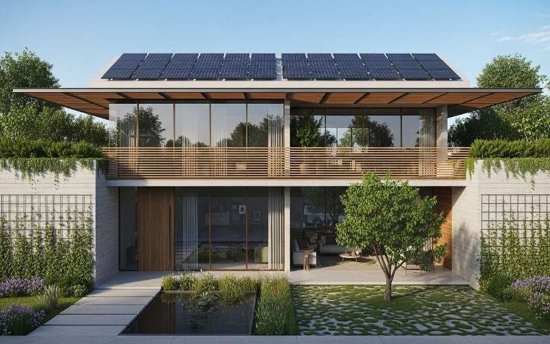 Modern eco-friendly house with solar panels, glass facade, and natural landscaping reflecting Current Architecture Trends in Lahore for Modern Buildings.