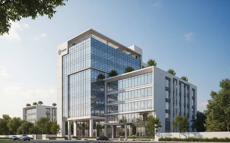 Top Commercial Building Design in Lahore for Modern Spaces featuring a glass facade, clean lines, and modern office architecture.