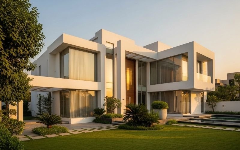 Modern luxury house showcasing clean lines, large glass windows, and minimalist design reflecting Top Residential Architecture Trends in Lahore