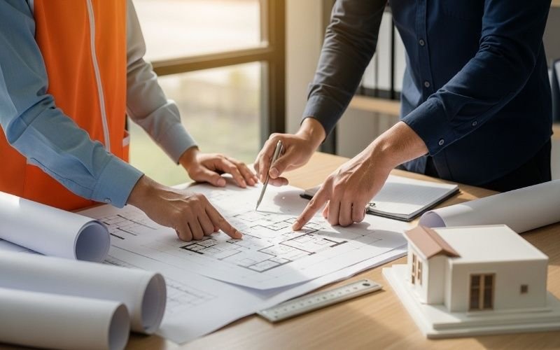 Architects reviewing building floor plans during a meeting for Architectural Consultation Services in Lahore