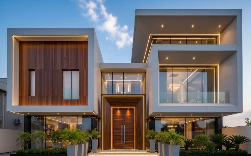 Luxury modern double-story house with geometric design, large glass windows, warm lighting, and wooden panels representing the Best New Home Architecture Ideas in Lahore.