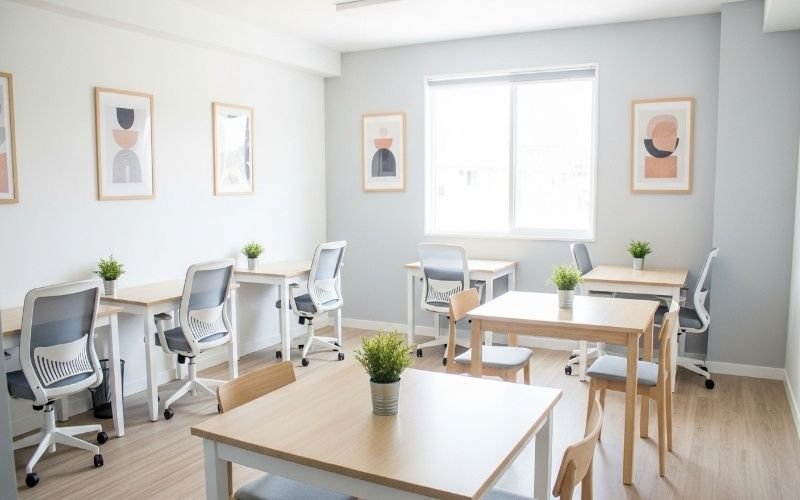 Minimalist coworking office with clean desks, ergonomic chairs, soft colors, and natural light showing Coworking Office Design Ideas That Boost Productivity Fast