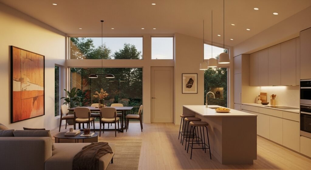 Modern open-plan living room, dining area, and kitchen with large windows, showcasing an Easy House Layout Design for Beginners with a simple and functional space arrangement.