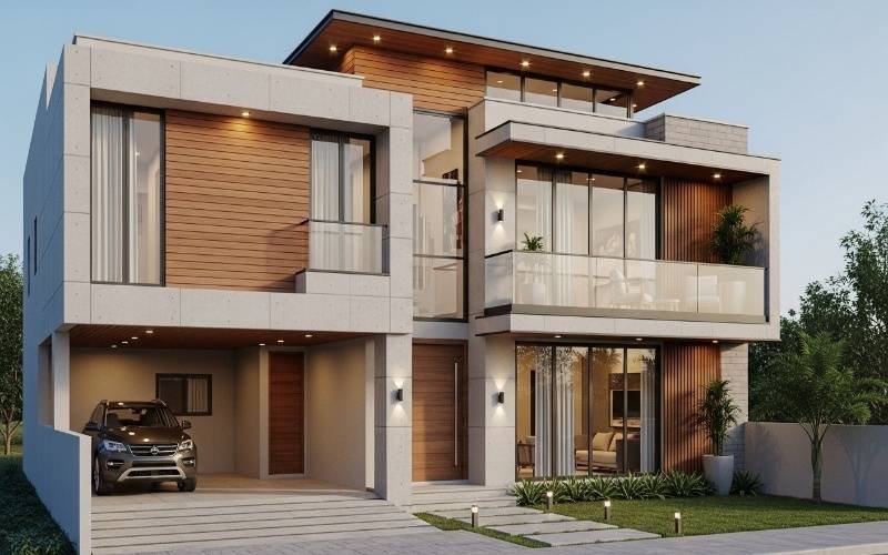 Modern two-story house exterior with balconies and car porch showcasing Creative Architectural Design Services for Small Plots with efficient layout and contemporary façade.