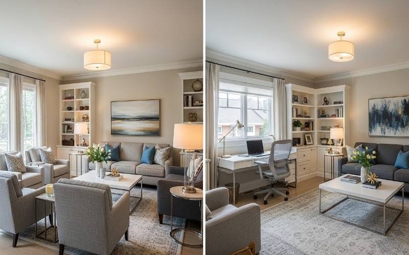 Before and after living room transformation showing improved layout and functional zoning, demonstrating Top House Zoning and Space Planning Tips for Better Living