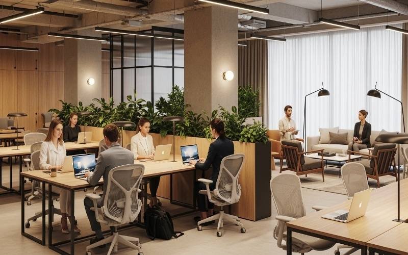 Modern coworking workspace with open desks, ergonomic chairs, plants, and natural lighting showing Coworking Office Design Ideas That Boost Productivity Fast