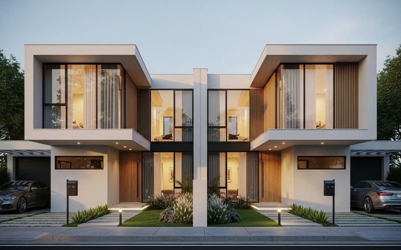 Modern symmetrical duplex house exterior with large glass windows, wooden panel accents, and car parking, showcasing Duplex House Design Ideas That Feel Smart and Stylish.