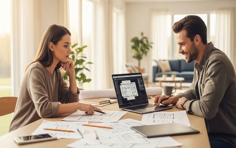 Architect and homeowner reviewing floor plans on a laptop and papers, discussing an Easy House Layout Design for Beginners in a bright modern living space.