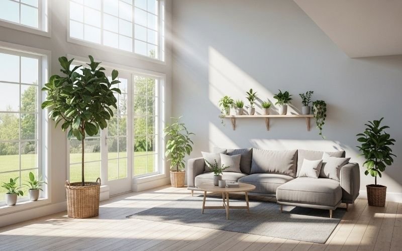 Bright modern living room with large windows and plants, reflecting common house map design mistakes you must avoid in space planning.