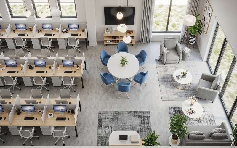 Bright coworking office layout with shared desks, round meeting table, lounge area, and natural light showing Coworking Office Design Ideas That Boost Productivity Fast