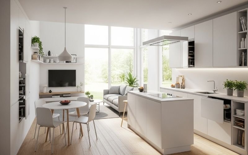 Modern open-plan kitchen and living area showcasing Creative Architectural Design Services for Small Plots with smart layout, natural light, and space-saving furniture.