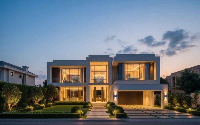 Luxury house architecture in Lahore with modern double-story design, large glass windows, warm exterior lighting, and landscaped front garden