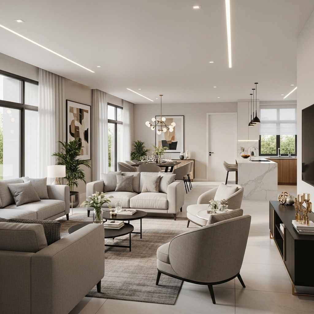 Open space living design in Hyderabad featuring a modern, spacious home with connected living, dining, and kitchen areas, natural lighting, and a bright family-friendly layout.