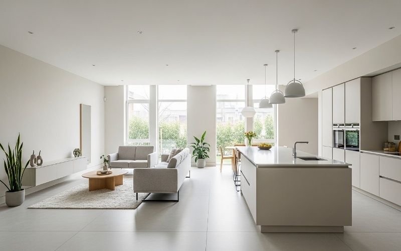 Bright open-plan living room and modern kitchen with minimalist furniture, large windows, and natural light reflecting the Best New Home Architecture Ideas in Lahore.