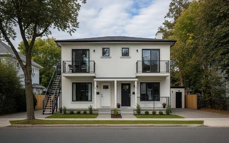 Modern duplex home with external staircase and balconies representing Best Rental House Design Plans for multiple tenants