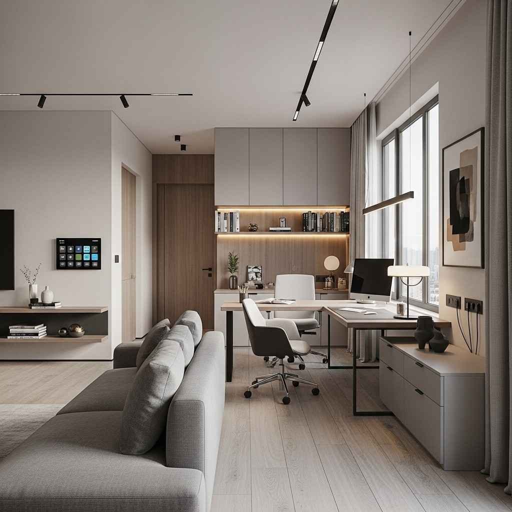 Smart home and office interior design in Hyderabad with a modern hybrid workspace, ergonomic furniture, natural lighting, and intelligent space planning for comfort and productivity.
