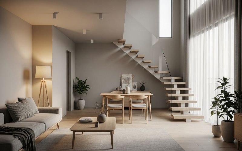 Minimalist duplex interior with open staircase, dining area, and large window curtains, showcasing Duplex House Design Ideas That Feel Smart and Stylish.