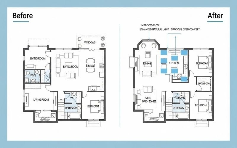 Before and after house floor plan comparison showing common house map design mistakes you must avoid in layout and space flow.