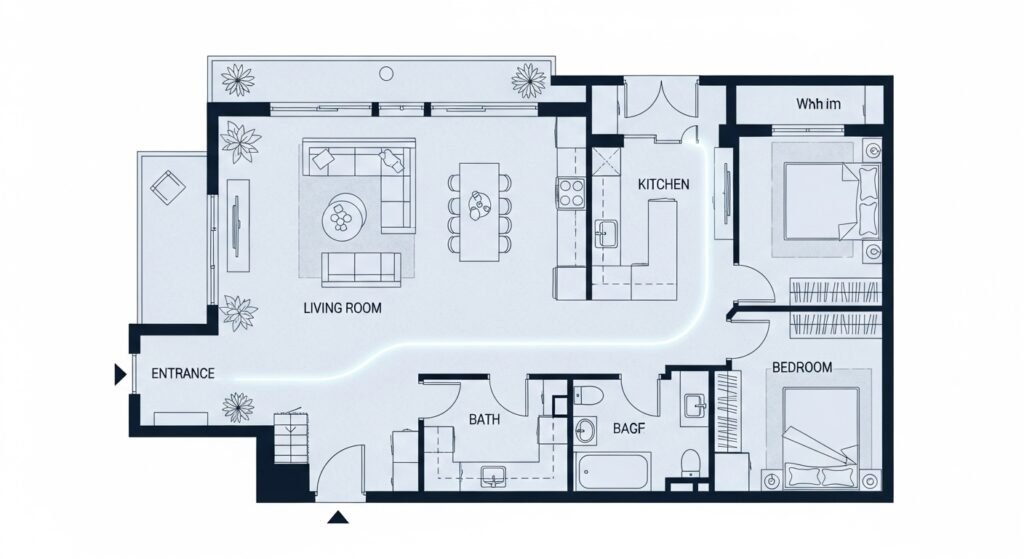 Simple floor plan showing entrance, living room, kitchen, bedrooms, and bathrooms arranged in an Easy House Layout Design for Beginners with clear room flow.