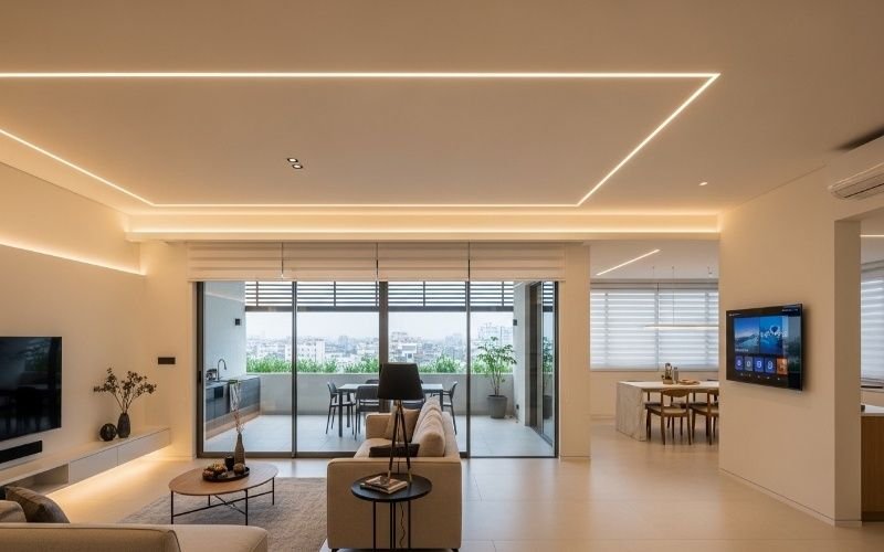 Modern interior design showcasing Luxury House Architecture in Lahore with open living space, smart lighting, and large glass windows.