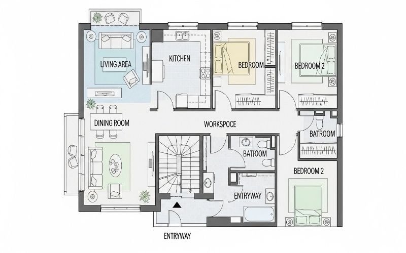 Detailed house floor plan with labeled zones like living area, kitchen, bedrooms, and workspace, showing Top House Zoning and Space Planning Tips for Better Living