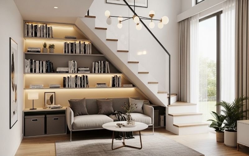 Modern duplex living room with staircase storage shelves, cozy sofa, and warm lighting, reflecting Duplex House Design Ideas That Feel Smart and Stylish.