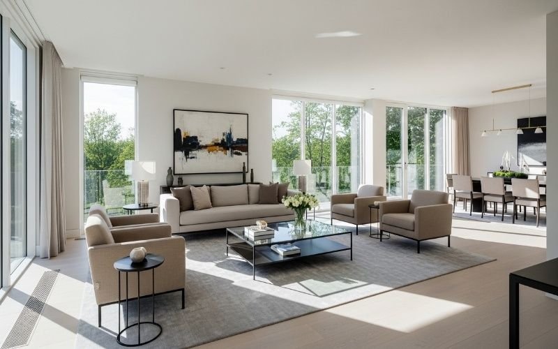 Bright modern living room showcasing Luxury House Architecture in Lahore with large windows, natural light, and elegant minimalist furniture.