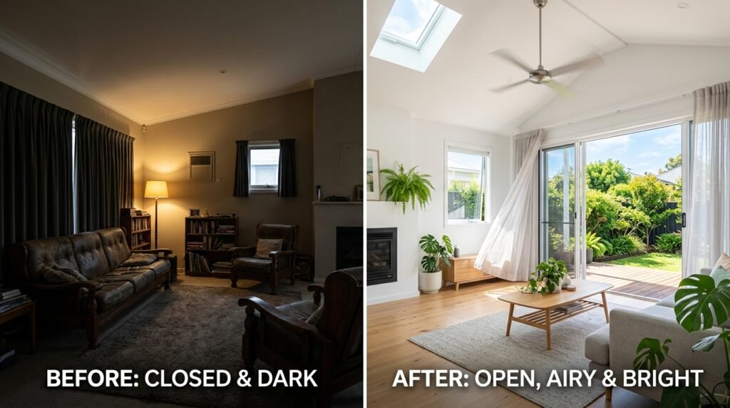 Corner Plot House Designs with Better Ventilation showing before and after living room transformation from dark and closed space to bright, airy room with large windows and natural light