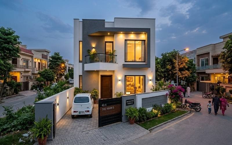 Modern small budget house with elegant front elevation, warm outdoor lighting, and compact contemporary design showcasing the work of the Best Architect for Small Budget Homes in Pakistan.