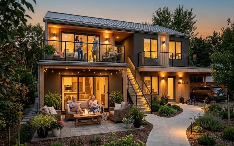 Modern duplex home exterior featuring Multi Family House Design Ideas with Stylish Layouts, outdoor seating area, warm lighting, balconies, and spacious family-friendly architecture.