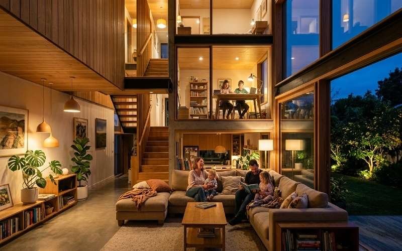 Warm modern interior of a Triple Story House Design with Smart Interior Planning featuring open living spaces, large windows, wooden staircase, and cozy family areas.