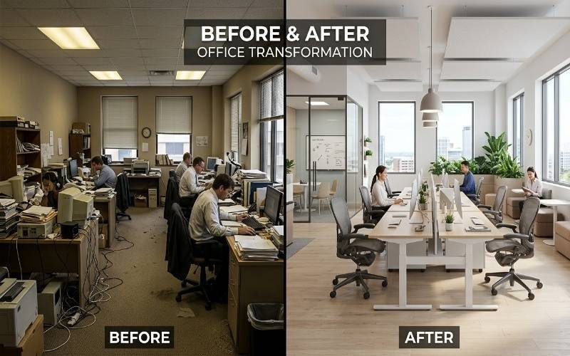 Before and after comparison of a modern office makeover showing smart office design ideas for better comfort and efficiency with open workspaces, natural lighting, ergonomic chairs, and organized desks.